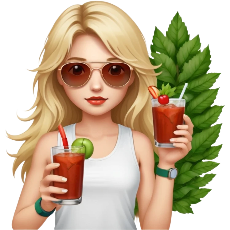 girl with long blond messy hair
with blue eyes
and aviator sunglasses
wearing white tank top 
holding bloody mary
wearing (rose gold apple watch with forest green band) emoji