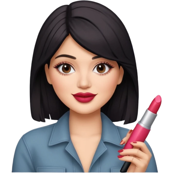 Kylie Jenner smiling, holding a lipstick, trendy hairstyle emoji
