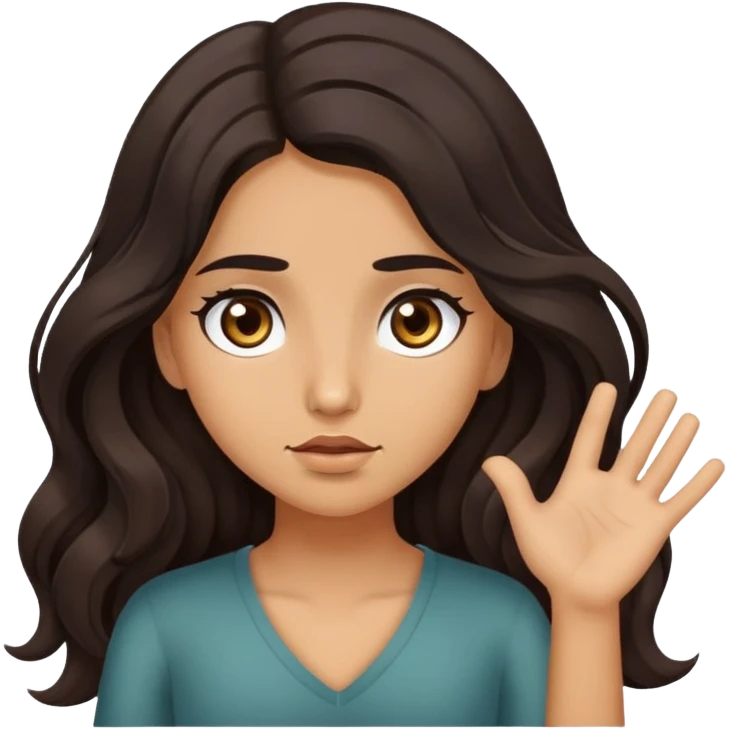 Girl shrugging shoulders with olive skin, brown eyes with long eyelashes and dark wavy long hair emoji