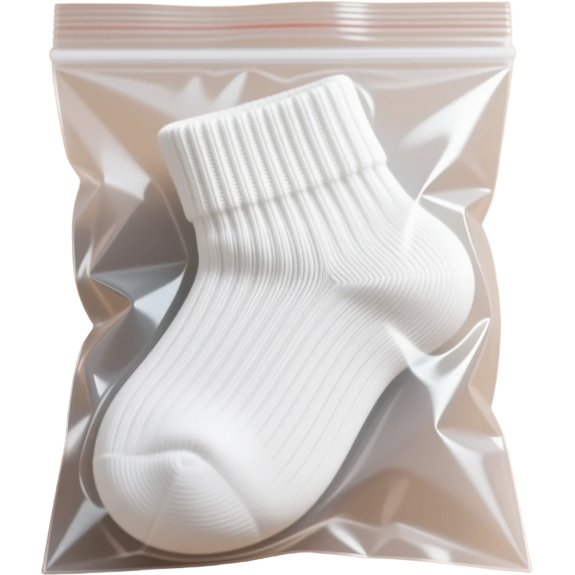 photorealistic, extreme close-up of a white sock tightly sealed inside a vacuum bag. The plastic clings to contours, showing no air. The dense sock's ribbed texture is clear beneath the glossy plastic. Natural light highlights wrinkles and suction lines against a blurred wooden background. emoji