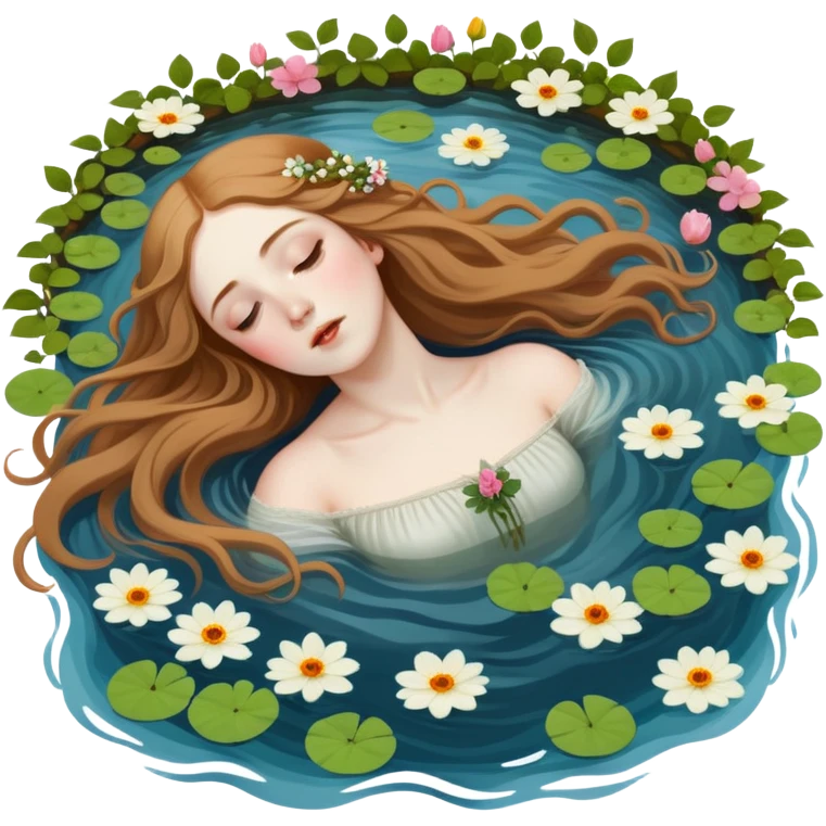 Ophelia floating in water surrounded by flowers, based on the famous painting by John Everett Millais emoji