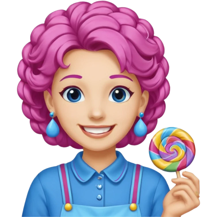 candy shop vendor, looking like candy with candy earrings and candy hair with big smile and blue emoji