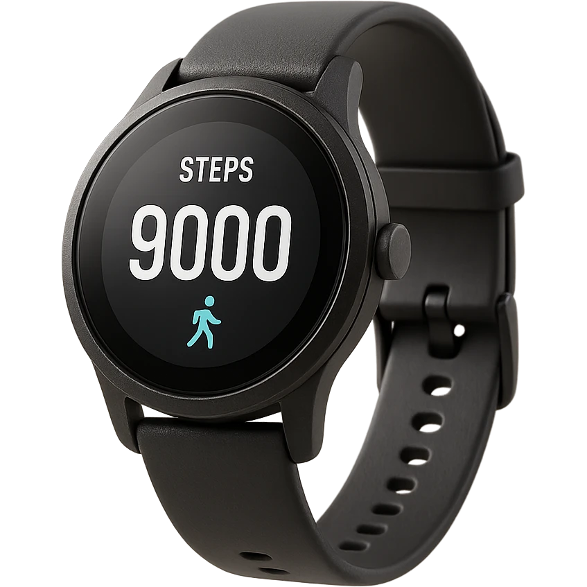 orologio contapassi che segna 9.000 passi sul display, fluttua in aria, iperrealistica 4k, isolato su sfondo bianco emoji