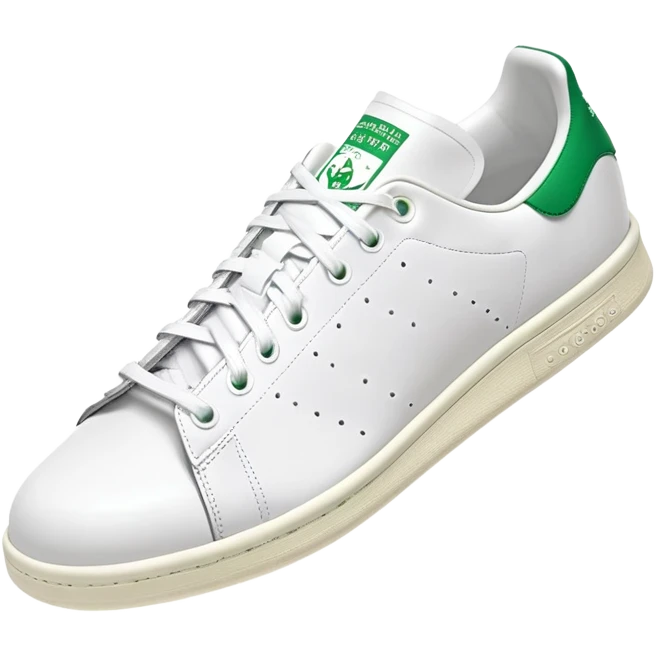 White Adidas Stan Smith shoe with green accents, iconic tennis sneaker, clean design, white with green heel tab, front angle view emoji