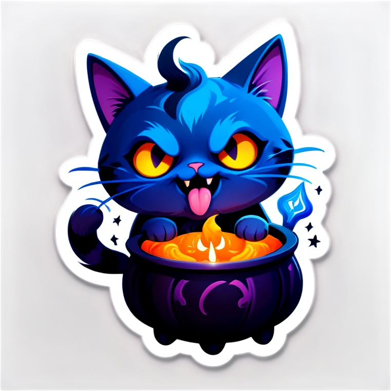 A chubby, dark blue cartoon cat with a cute and magical appearance, inspired by the ‘Skull Cat’ sticker pack. The cat has big round eyes, a small skull-like marking on its chest, and an overall playful yet slightly spooky vibe. It is laughing uncontrollably, rolling on the floor with its paws up, or holding its belly with a wide-open mouth and tiny fangs showing. The cat’s fur has subtle magical details, and a few floating sparkles or mystical symbols add to its enchanted look. The background is dark but whimsical, featuring soft purple and blue hues, playful Halloween elements like floating candles, a bubbling cauldron, and cobwebs. The art style is rounded, vibrant, and fun, perfectly matching a spooky yet adorable sticker design.” emoji