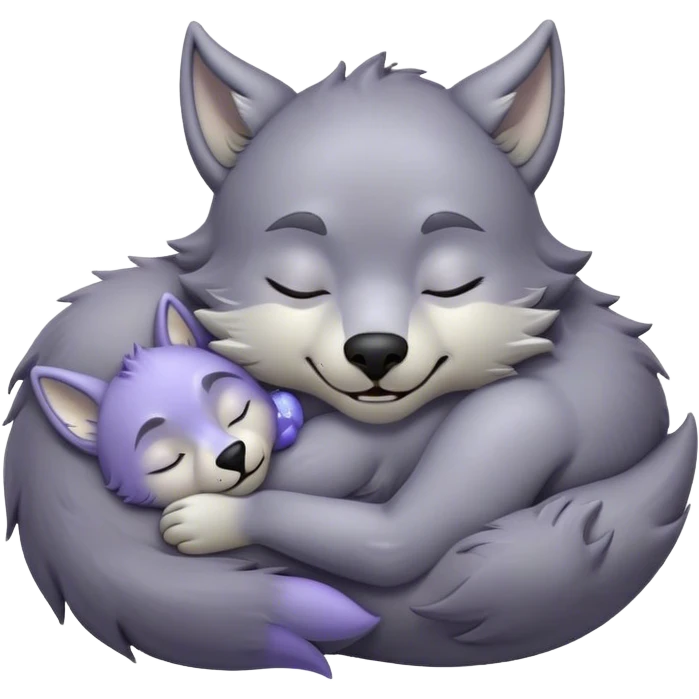 Meme-Worthy Cute Sleeping Werewolf Portrait Emoji, with a cuddly, miniature lupine form in soft moonlit grays and silvers, head resting peacefully with gently closed dreamy eyes and a small, content smile, simplified yet irresistibly endearing, highly detailed with a soft glowing outline that captures the cozy, sleepy essence of a werewolf after frolicking under the full moon! emoji