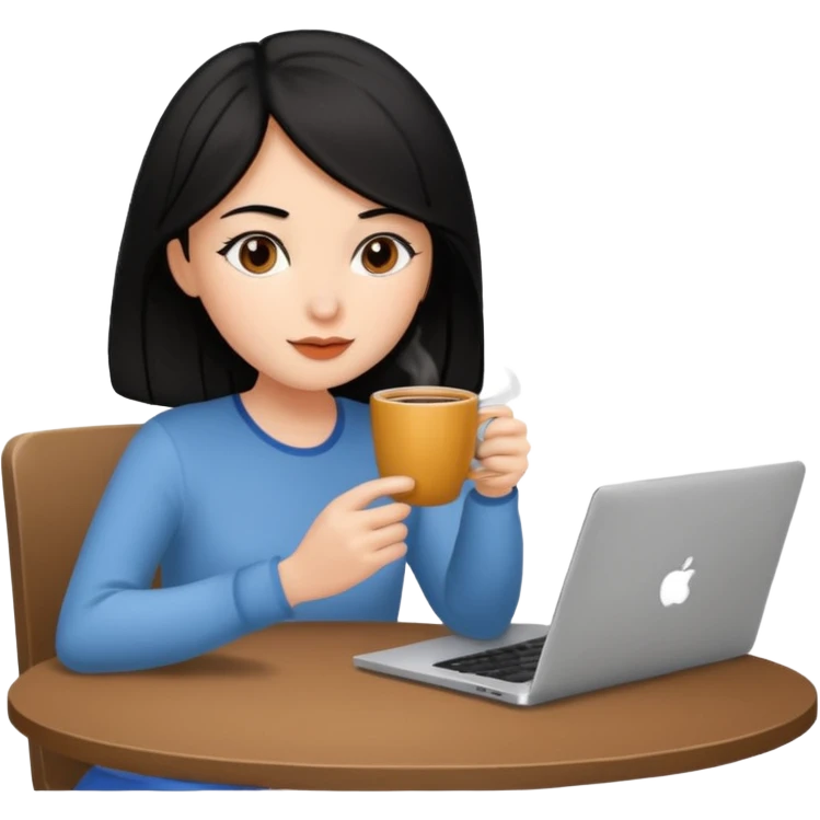 laptop and coffee are on the table. coffee is not on the laptop. the girl with medium-length black hair is drinking coffee. emoji