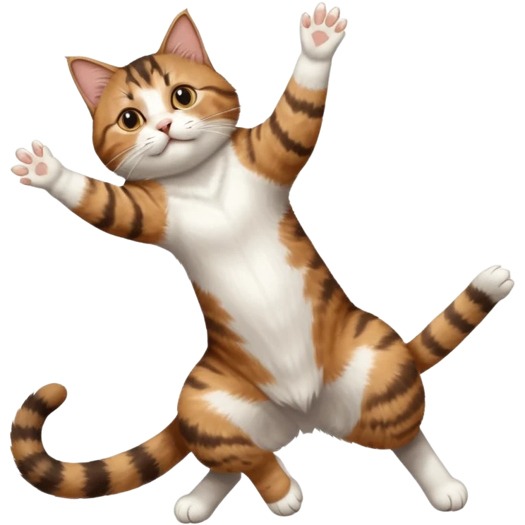 brown tabby and white cat with doing a big extremely long stretch reaching up into the air with arms and legs side by side together straight and overextended whilst lying on its side emoji