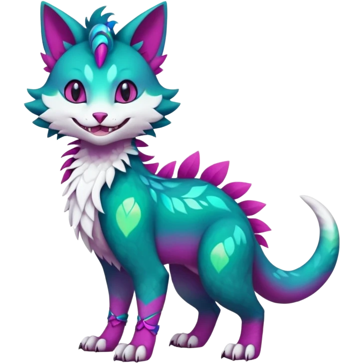Kawaii cute colorful iridescent deep-dark-turquoise-green and magenta and white beautiful pretty elegant divine edgy feline-vernid-sergal-Fakémon-Pokémon-fursona-animal-creature with accessories, full body, with intricate detailed markings emoji