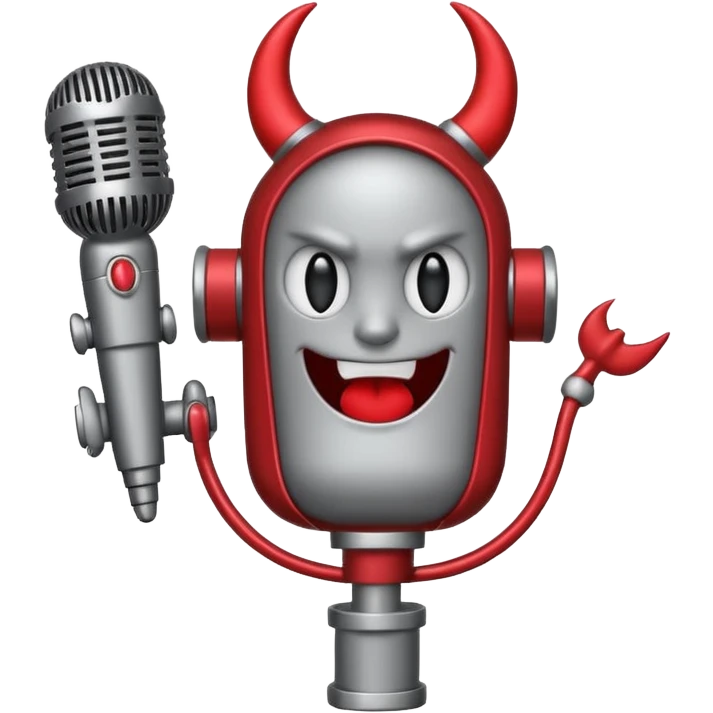 Minimalist emoji-style sticker of a classic retro microphone with small devil horns and a subtle tail wrapping the base. Grayscale with slight red accents.
 emoji