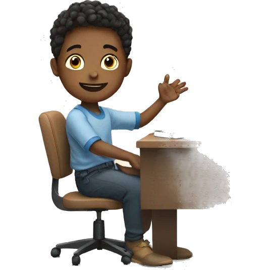 boy is sitting at desk, his hand is raised emoji
