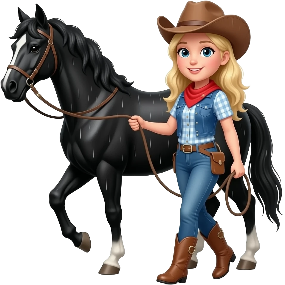 Blonde cowgirl leading black horse in the rain emoji