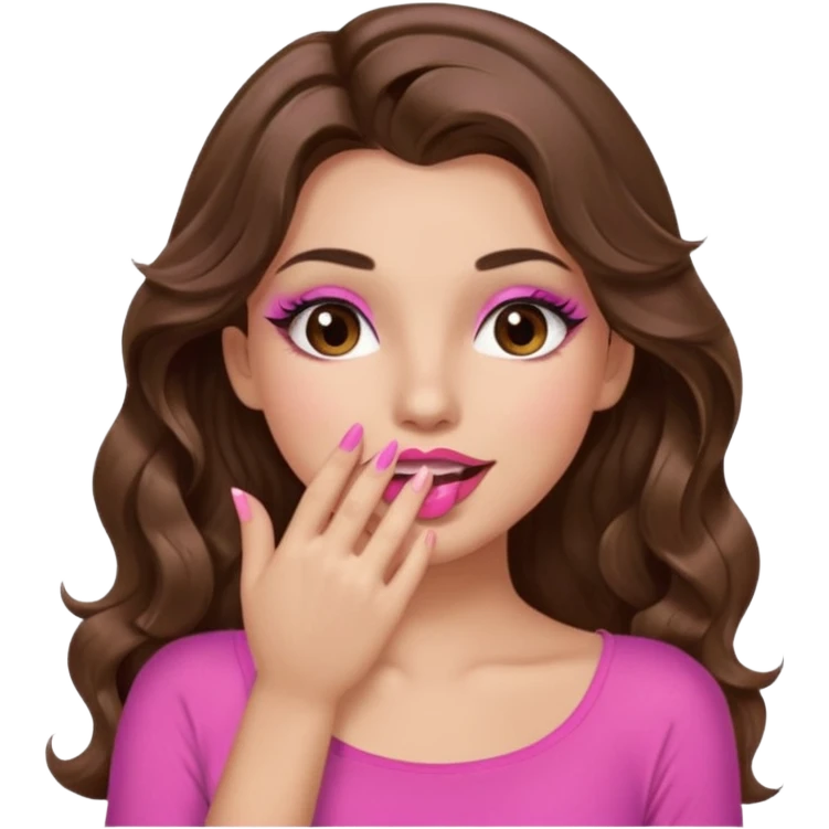 girl with long wavy brown hair, brown eyes, long lashes makeup, sexy pink lips, light to medium complexion, wearing a pink sexy top, sexy, giggling hand covering mouth emoji