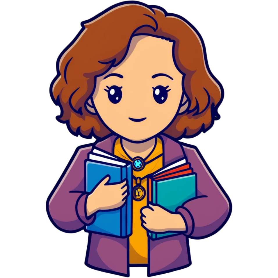 Hermione Granger with books and a time turner necklace emoji