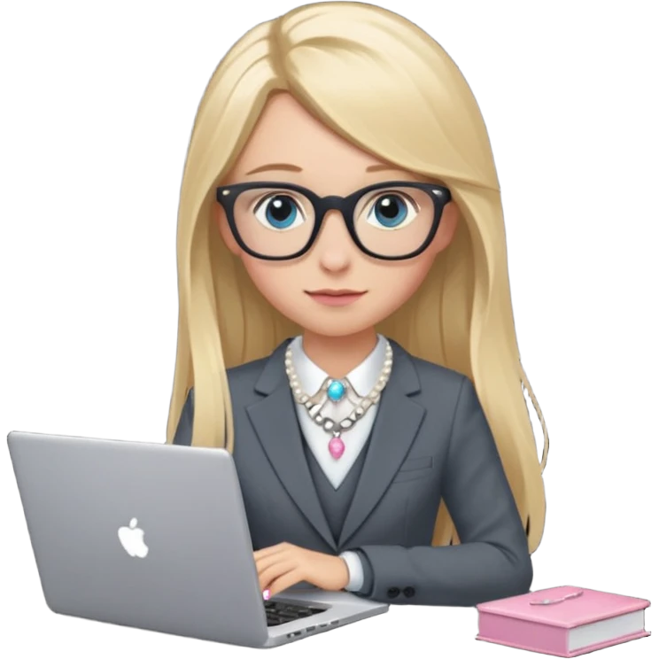 Please take the girl with laptop emoji and make her glassess light brown, her eyes ocean blue and her nose a bit smaller and pointier and she has blonde very long hair and a dark grey suit and pearls necklace, and has a laptop in fron of her and a tiny pink bow on the left side of her head emoji