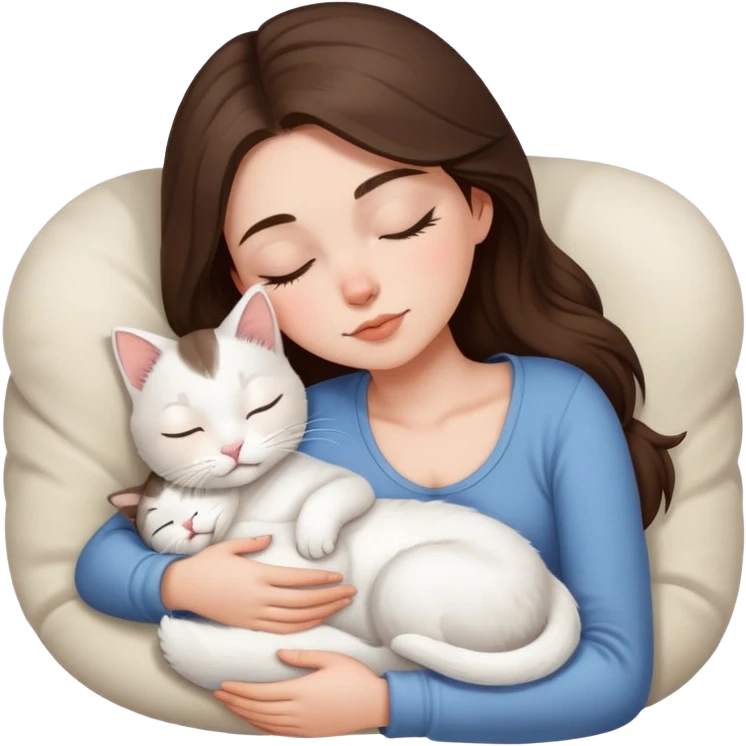 White kitty sleeping on brunette white girl's lap emoji