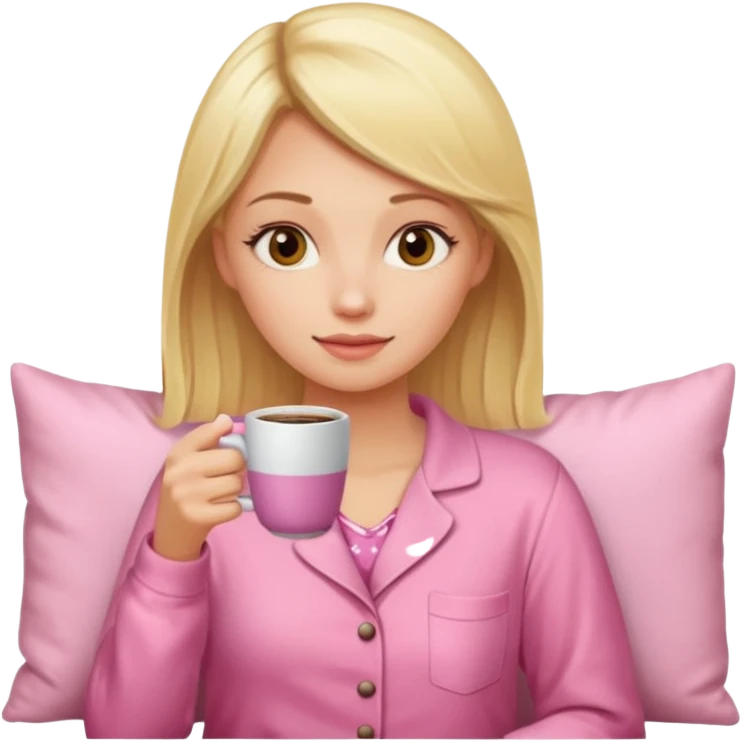 A blonde woman in pink pajamas wakes up to drink coffee. emoji