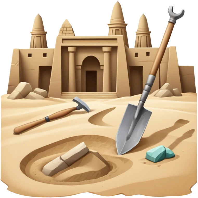 An icon showing archaeological tools—trowel, brush, and pickaxe—laid out on the sand, with the ancient Karnak temple ruins in the background. The design symbolizes exploration and discovery of ancient Egyptian history. Transparent background emoji