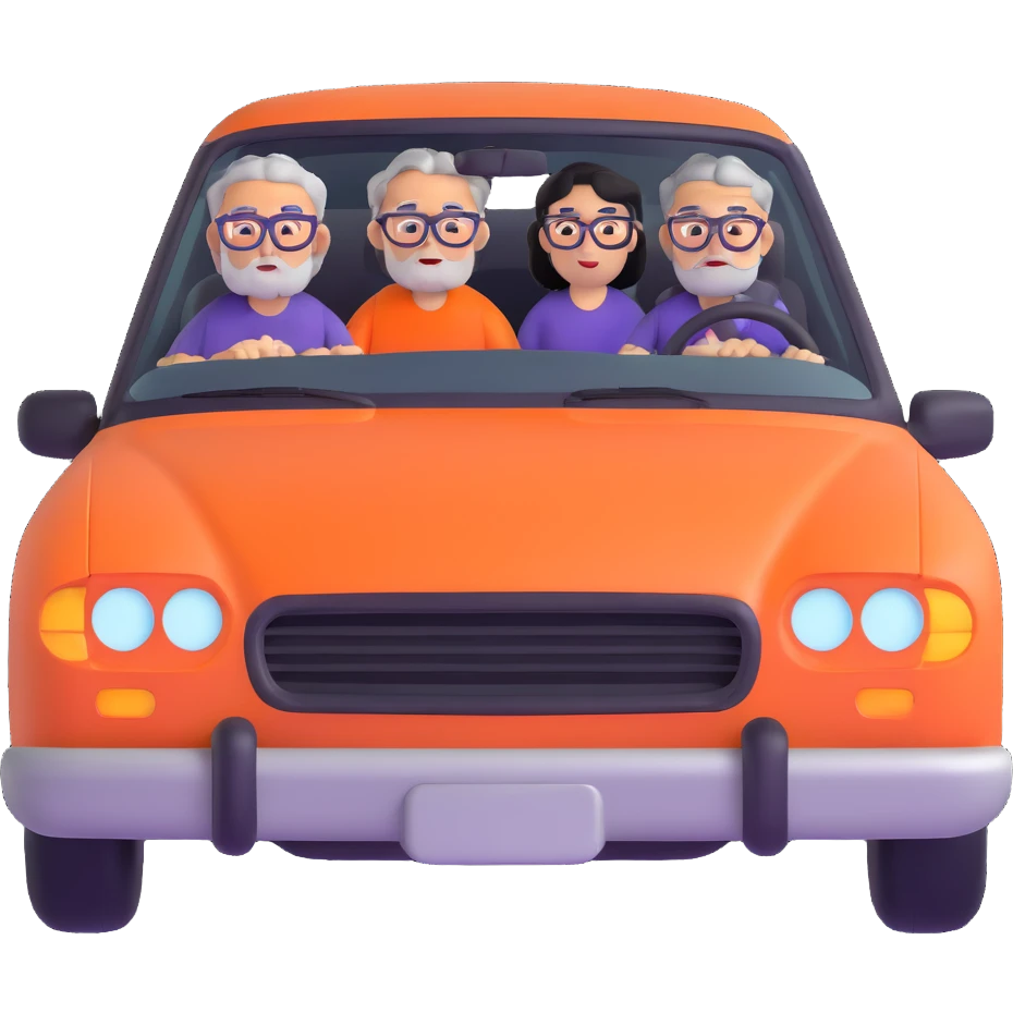 orange car front view with three people visible through windshield: driver with purple shirt and stubble, front passenger with gray hair and glasses, back passenger with black hair and glasses emoji