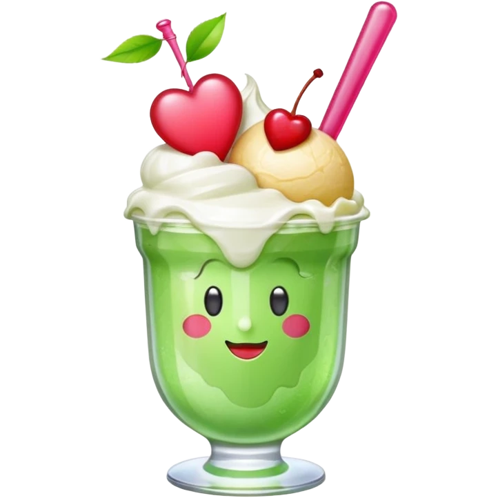 Create an emoji with a clear rounded glass, bright transparent green soda, vanilla ice cream scoop, two red cherries, pink heart-shaped straw, simple shapes, bright colors, glossy, kawaii style, centered, transparent background
 emoji