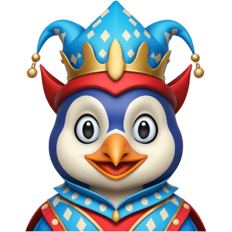 crazy colorful little penguin jolly joker, medieval, vintage, court jester, mac os icon, blue color emoji