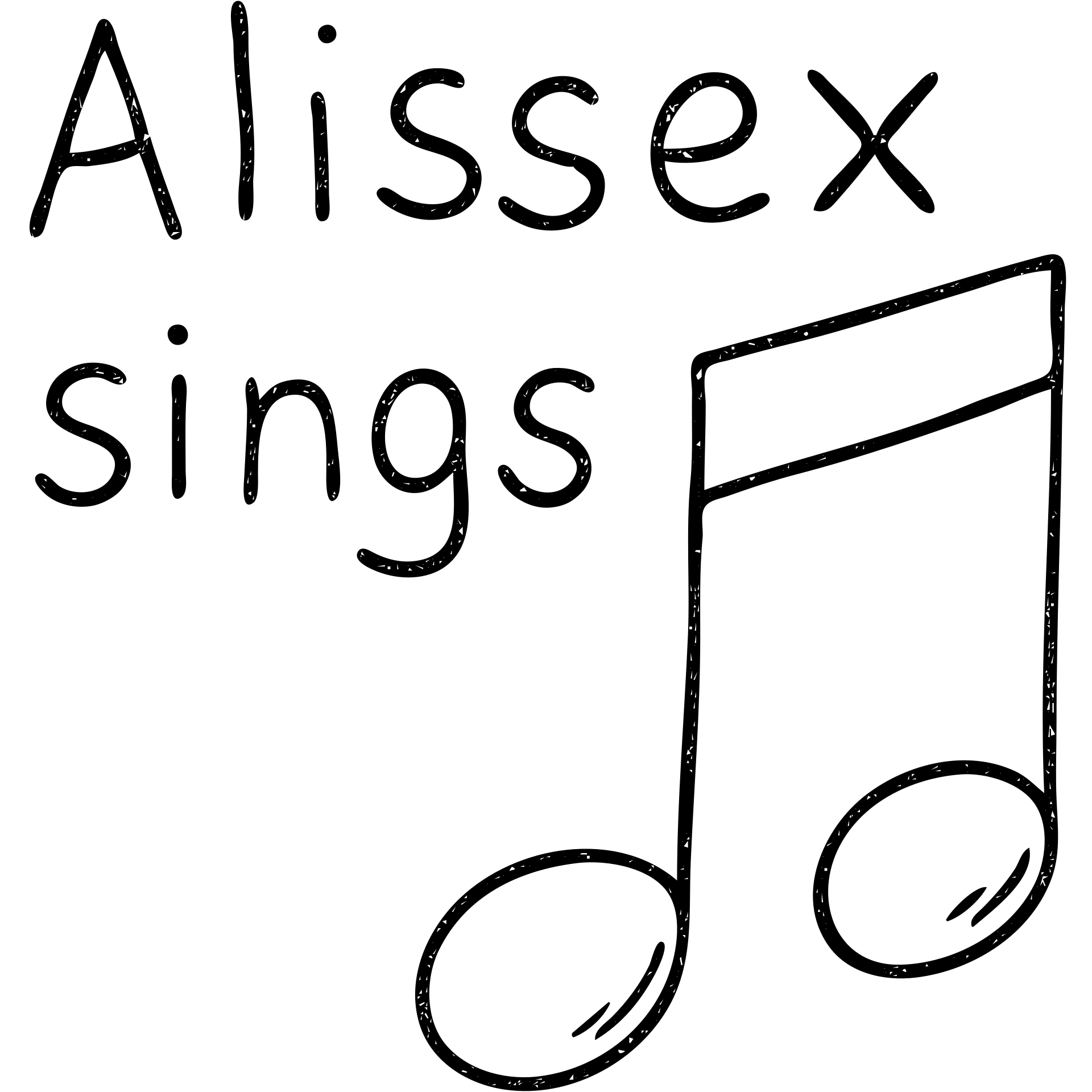 hand-drawn outlined musical note with the text 'Alissex sings' emoji