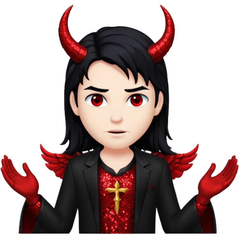 Lucifer from The Bible with red skin, long black hair, black sequin outfit emoji