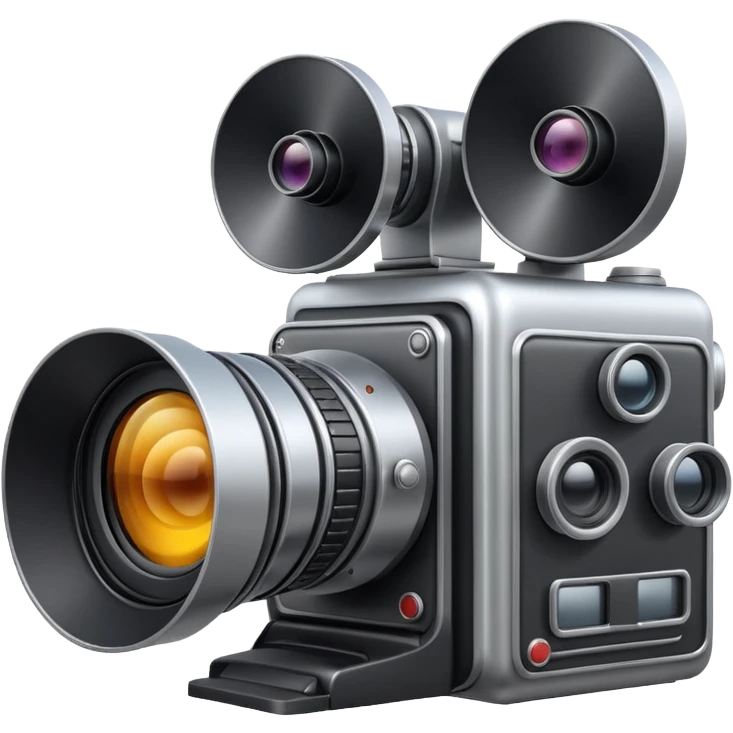 Minimal emoji icon of a huge cinematic metalic camera, front view, realistic lens, no gold emoji