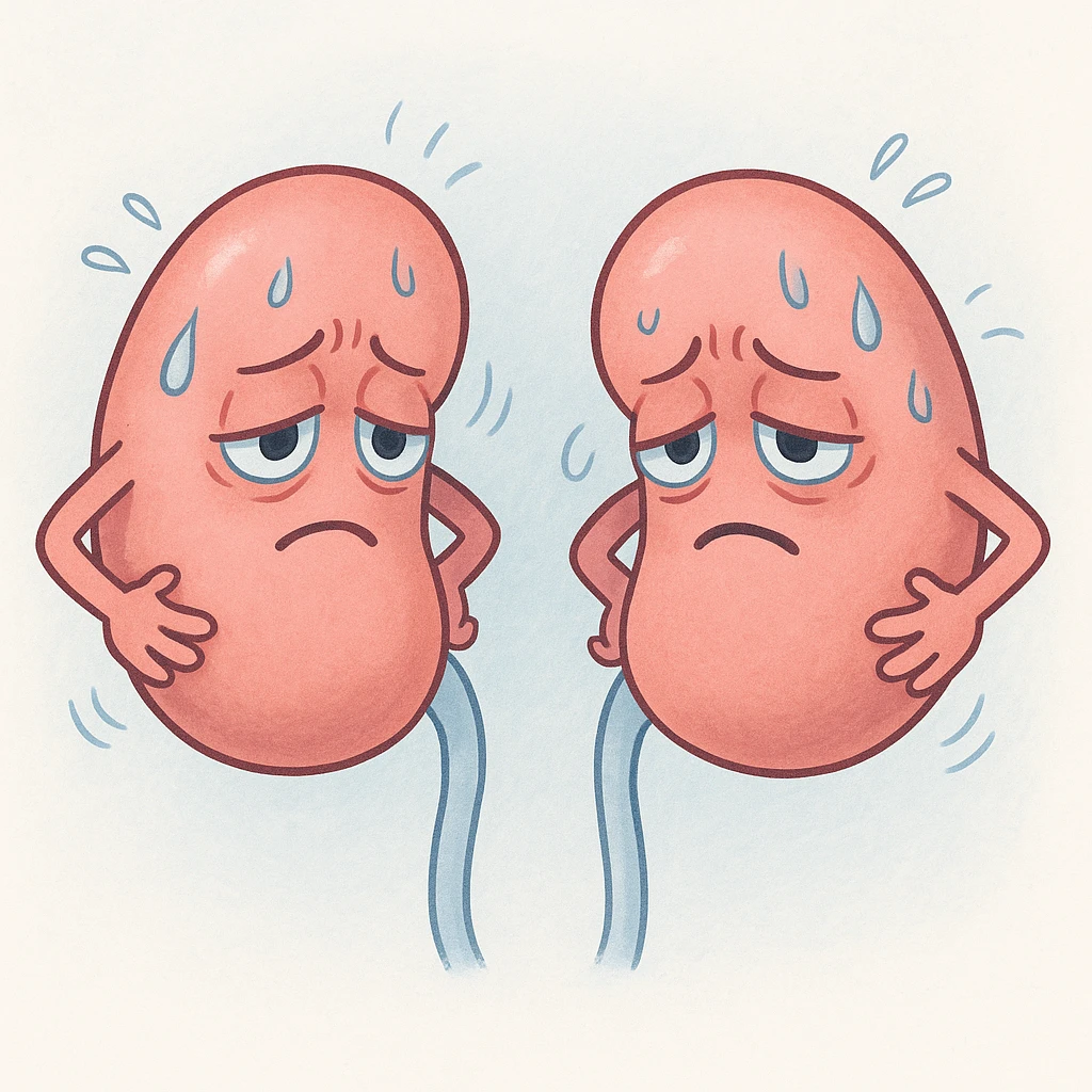 cartoon kidneys with stress lines and sweat, holding their sides, tired eyes, soft blue and pink tones, medical style emoji