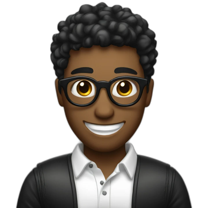 un chico con pelo negro con lentes negros y sonriendo que lleve un polo blanco y una chauqeta de color negro  emoji