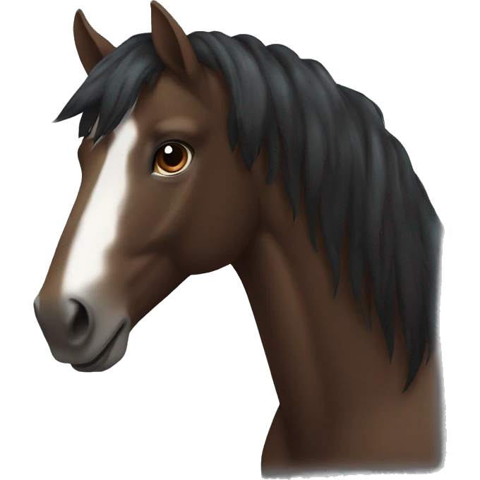 Dark brown horse with dark brown mane and small white marking on top of head emoji