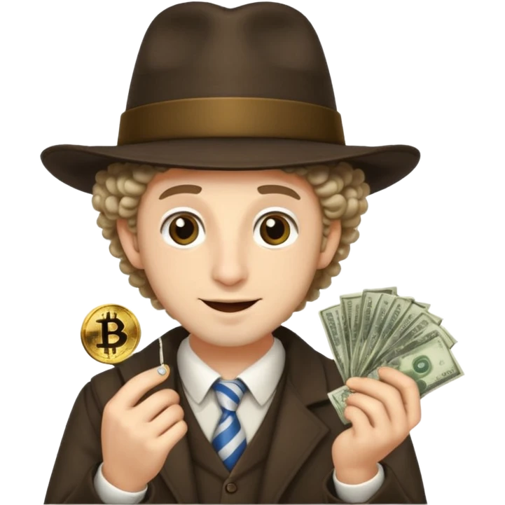 jew with Jewish hat and curls, being mischievous with money and bitcoin emoji