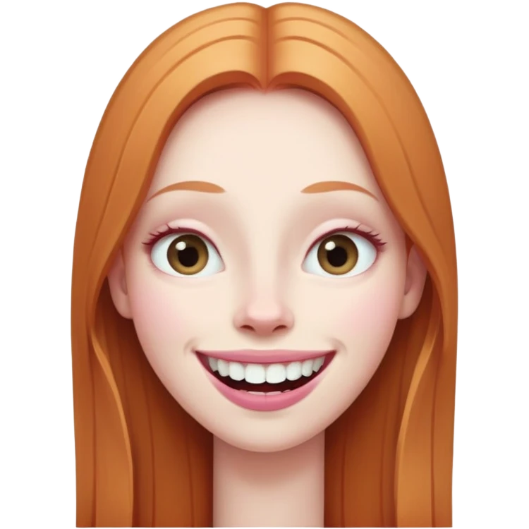 traditional emoji of young girl with very pale skin, long straight muted ginger hair, elongated oval face, bigger human-like eyes positioned close together, wide nose, full pink lips with a big smile showing extremely large and prominent teeth, less intense expression emoji