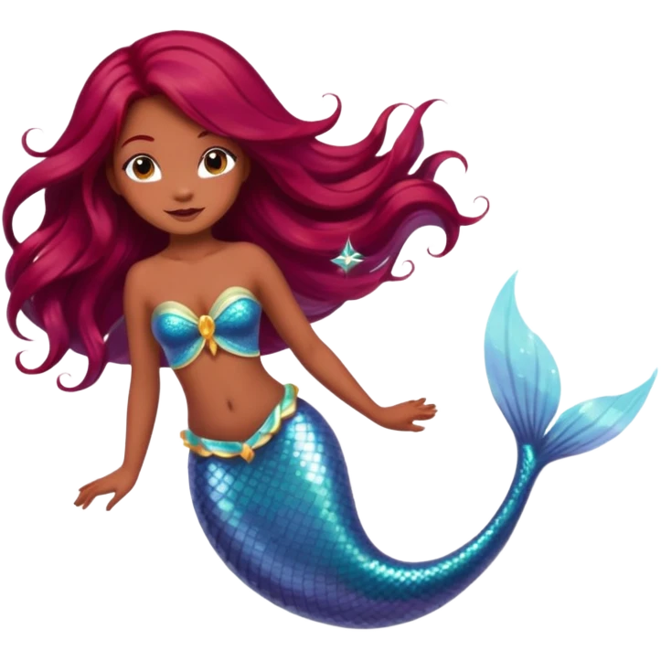 mermaid fairy hybrid, long flowy red burgundy hair, medium brown skin, sparkling tail emoji