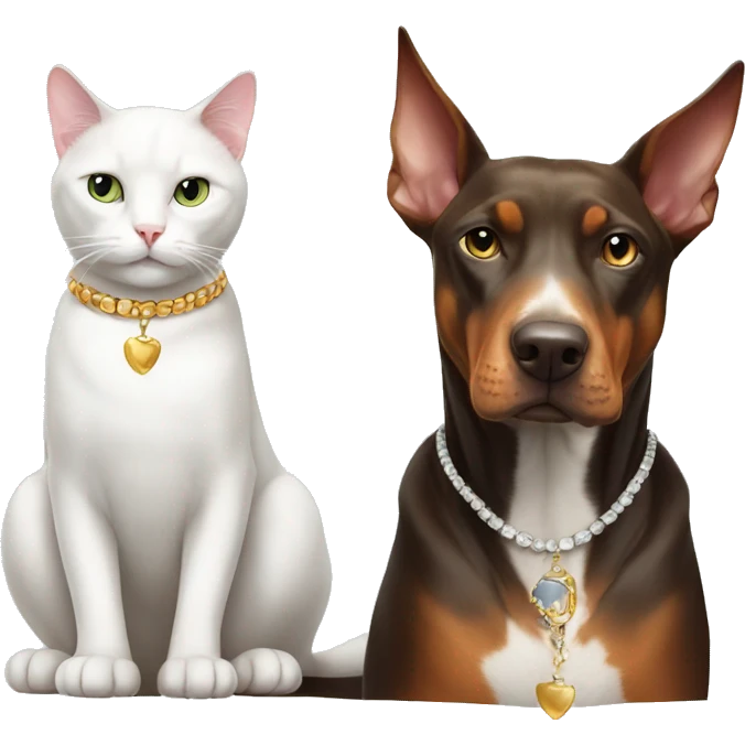 White cat with necklace sitting with Doberman emoji