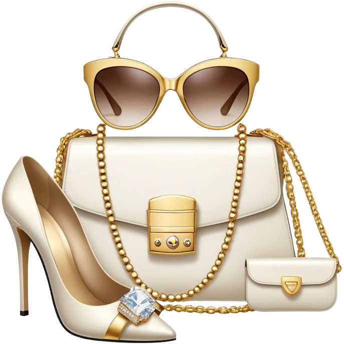 A photorealistic icon featuring luxurious fashion accessories like a high-end handbag, elegant high heels, a sparkling diamond necklace and a stylish pair of sunglasses. The design includes gold accents, purfume, and glamorous textures, fashion, and VIP luxury. Transparent background emoji