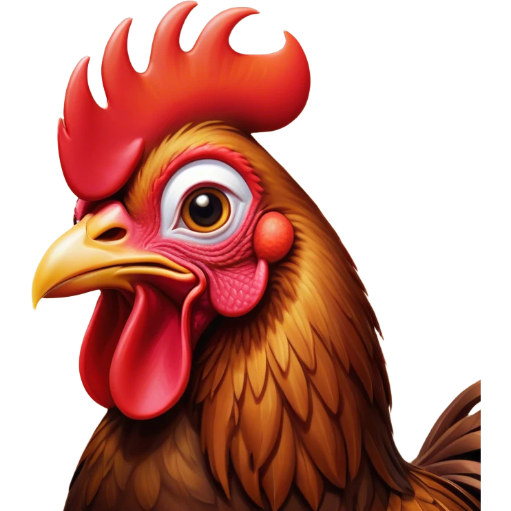 Cinematic Comical Brown Rooster Portrait Emoji, Head tilted dramatically with an exaggeratedly amused expression, featuring a striking, glossy brown plumage with a bold red comb, wide, expressive warm eyes filled with playful disbelief, Simplified yet hilariously expressive features, highly detailed, glowing with a slightly sassy glow, high shine, dramatic yet playful, stylized with an air of cheeky mischief, bright and endearing, soft glowing outline, capturing the essence of a spirited and over-the-top rooster, so meme-worthy it feels like it could crow its way into internet fame instantly! emoji