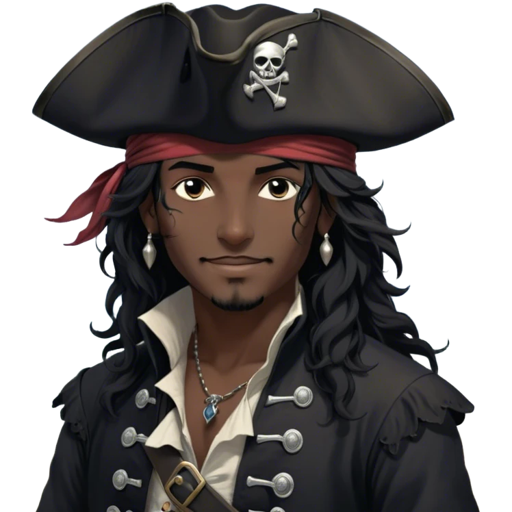 A charismatic pirate with wavy black hair that falls just past his shoulders, tousled slightly by the sea breeze. He wears a black tricorn hat with subtle silver embroidery along the edges, casting a shadow over his sharp, confident features. His piercing dark eyes glint with mischief as he gazes to the side, a knowing smile playing at his lips. His well-fitted black coat, adorned with polished silver buttons and intricate stitching, moves slightly with the wind, revealing glimpses of a deep-crimson waistcoat underneath. A silver chain dangles from his belt, catching the dim golden light of the setting sun. His posture is relaxed yet assured, exuding effortless charm as if he owns the sea itself. emoji