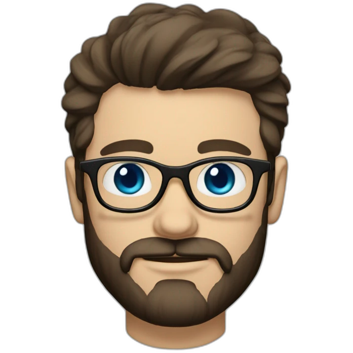 White man with blue eyes and dark brown hair, styled sideways backwards. He has a beard and mustache trimmed and wears a black t-shirt and vintage glasses. emoji