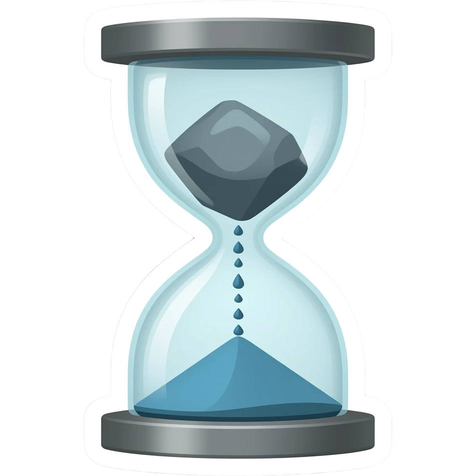Simple and minimalistic sticker of an hourglass with a single large rock in the top half inside, white outline, smooth gradients or solid colours emoji