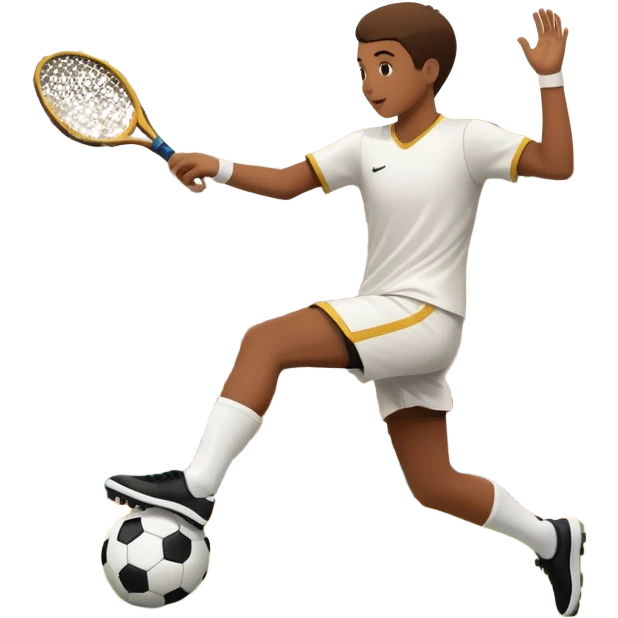 An icon showcasing a virtual sports game, featuring a player in action on the stadium or court. The design includes dynamic movement, like kicking a soccer ball or swinging a tennis racket, with a virtual scoreboard and crowd in the background. Transparent background emoji