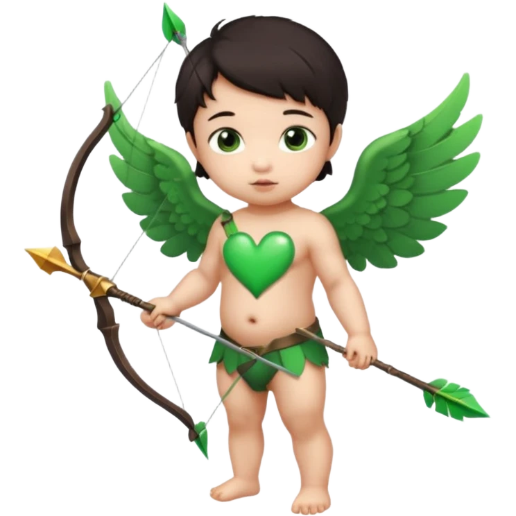 cupid asian baby flying full body with wings with brown eyes and dark hair handled bow and arrow green heart breaker and looking to heart emoji
