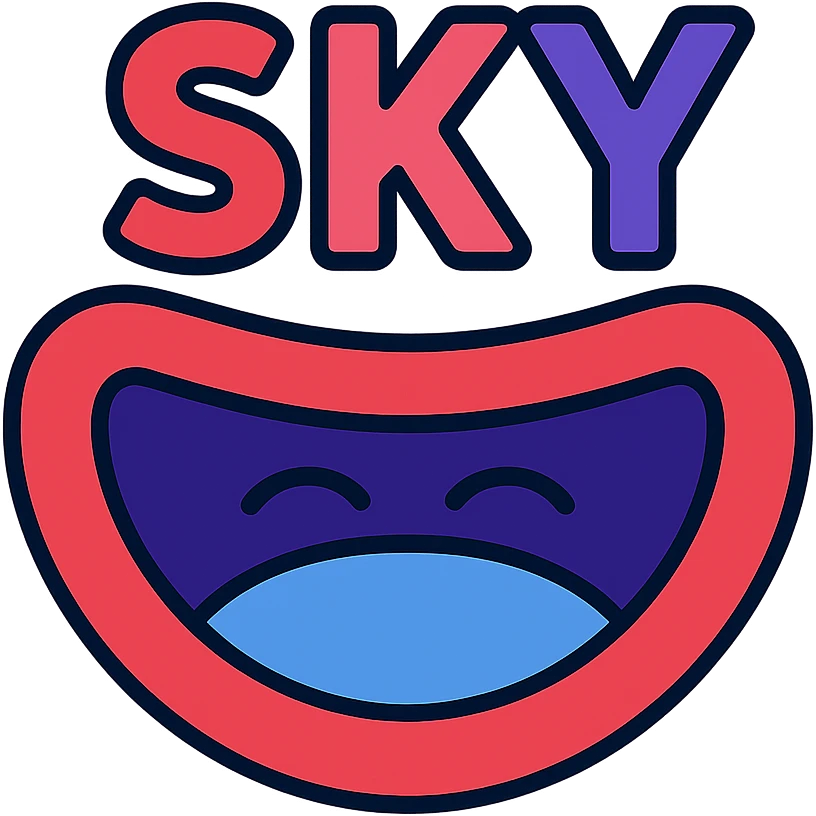 Discord game alliance logo for 'SKY' with bold, playful design, main colors red pink violet blue, stylized laughing face or mouth, word 'SKY' integrated, energetic fun welcoming gaming community vibe emoji