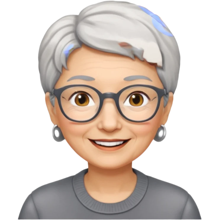 emoji of a lady in her 70s, short gray hair, wearing glasses, friendly smile emoji