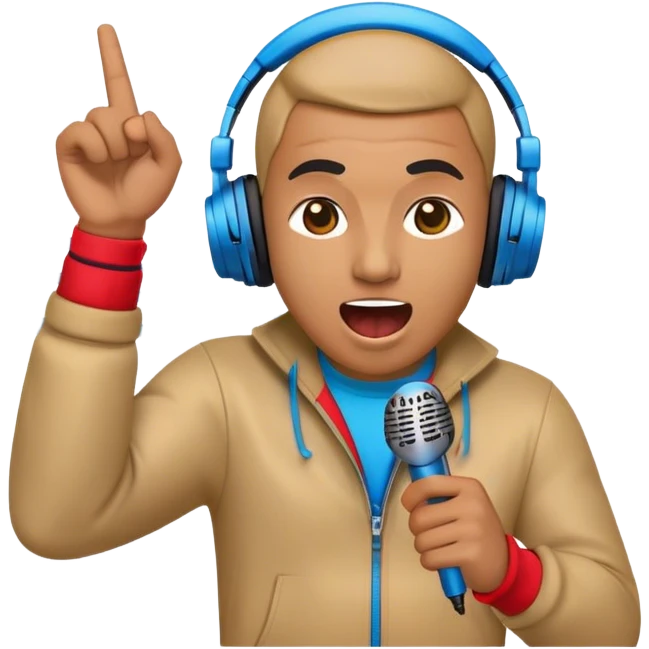 Create a dynamic and energetic emoji that represents beatboxing. The design should feature a microphone with soundwaves or rhythmic beats emanating from it, symbolizing the vocal percussion and rhythm of beatboxing. Add subtle elements like headphones or a beat pattern to reflect the technicality and creativity involved. Use bold, vibrant colors like neon blue, red, and yellow to convey the energy and street culture of beatboxing. The background should be transparent. emoji