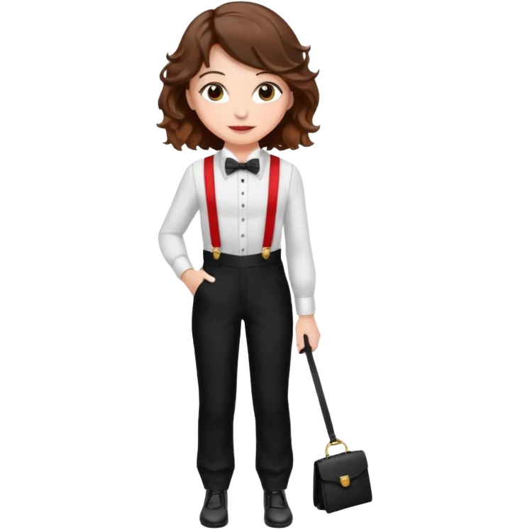 Woman with wavy brown hair and hazel eyes wearing black tuxedo pants with red suspenders emoji