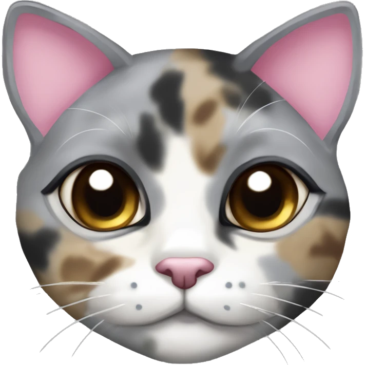 Grey dilute tortious calico (with a little bit of tan between the eyes in a diamond shape) cat with a pink bow emoji