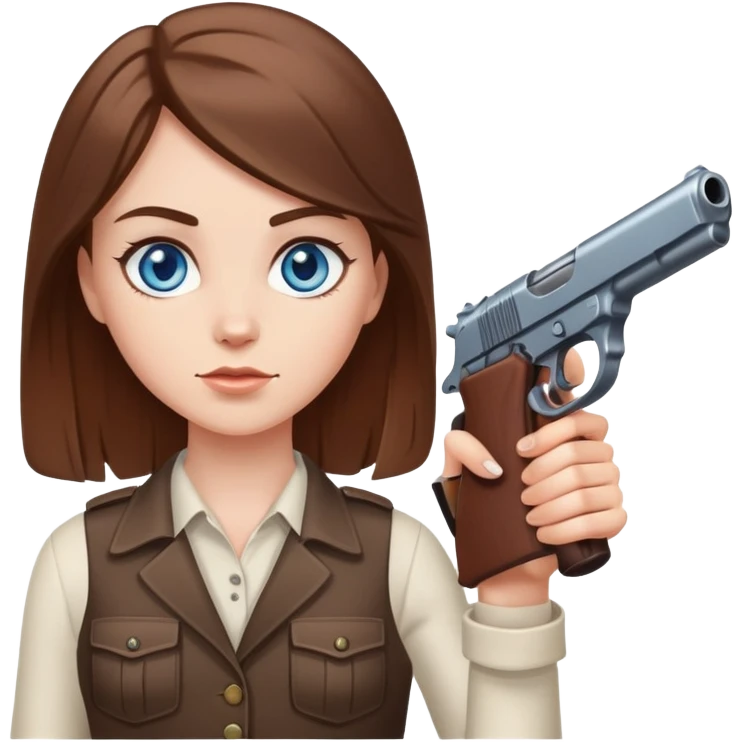White girl with blue eyes and brown hair holding gun up emoji