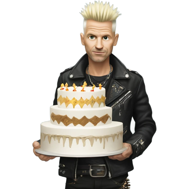 White male Punk with mohican holding 60 year birthday old cake emoji