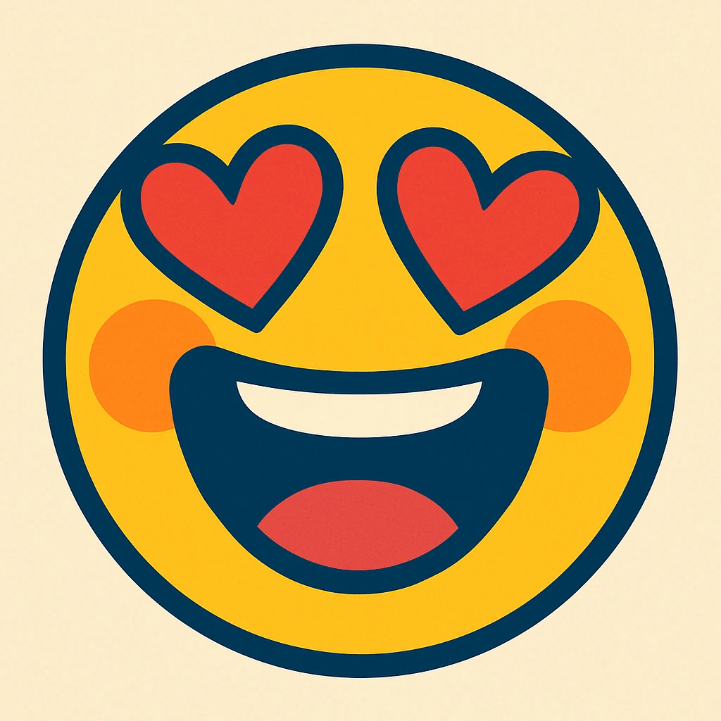 Add heart eyes to the vibrant toon style face with eyes closed, big open-mouthed laugh, blushing. emoji